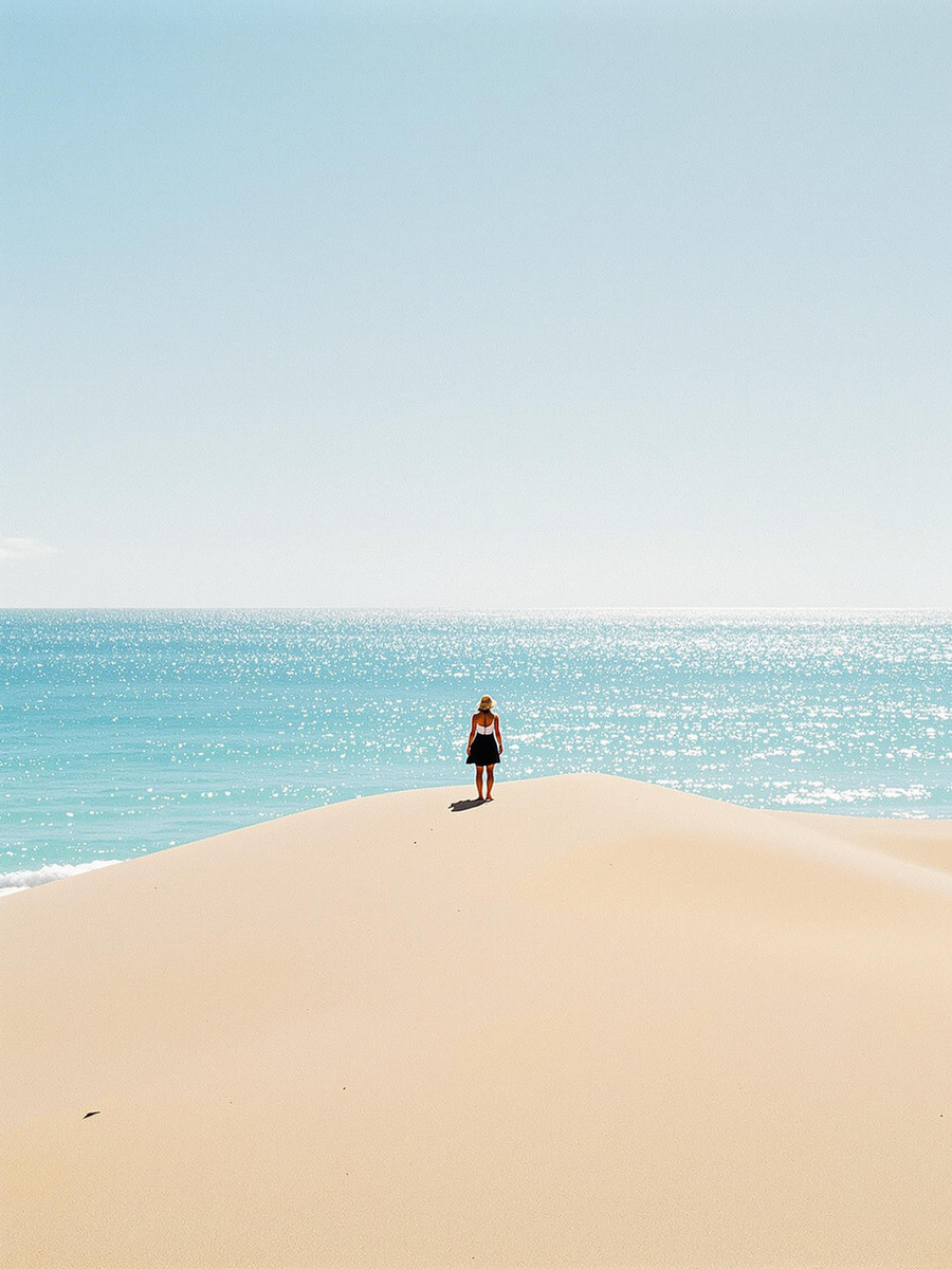 A traveller pausing on a dune to take in the ocean view
